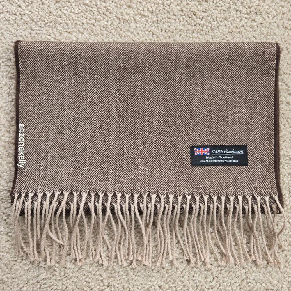 NWOT Cashmere Herringbone Scarf Brown & Creme Made in Scotland